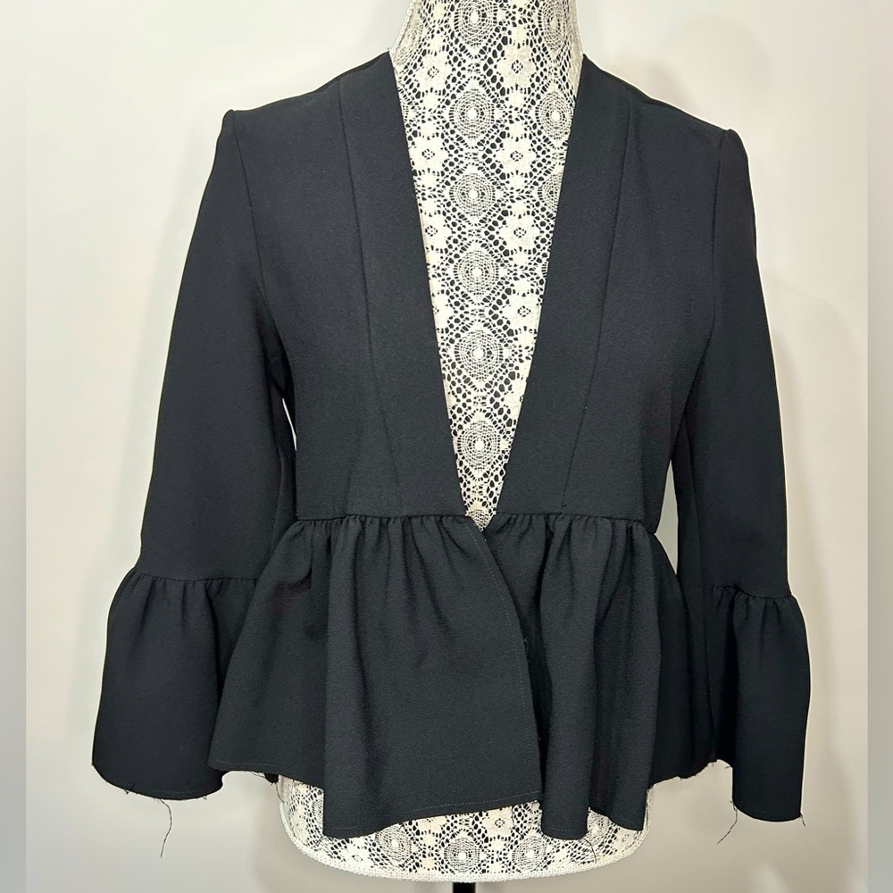 Topshop adorable black cropped raw edged ruffle hem and sleeve blazer jacket